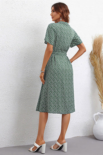 Vestido de Verano Mangas Cortas Cuello en V Verde